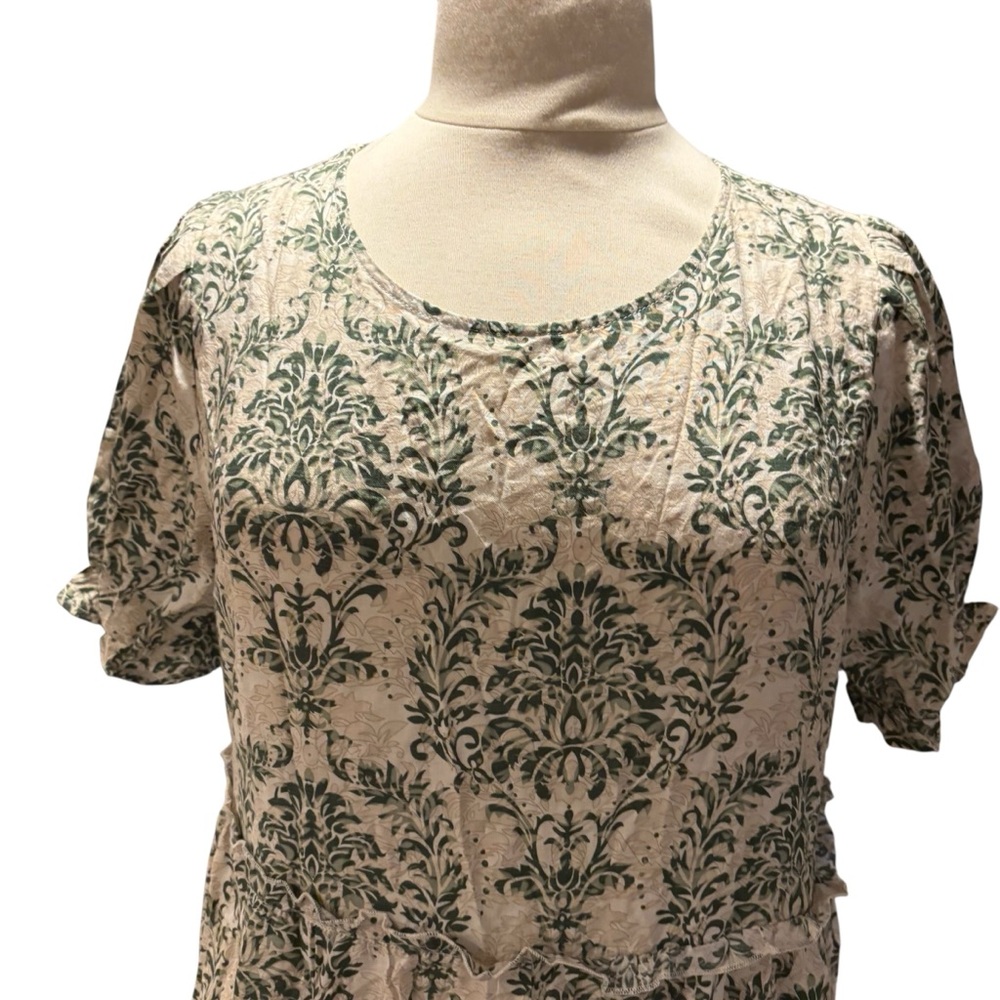 Green Damask Tiered Midi Dress Short Puff Sleeve Cotton Blend Pockets Cream #747 - Picture 5 of 9